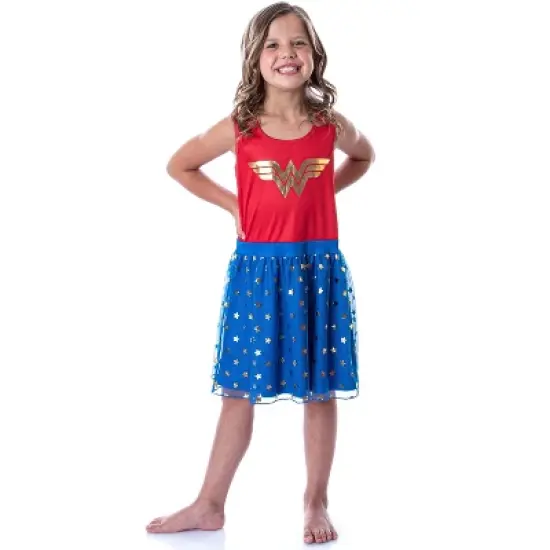 DC Comics Girl's Wonder Woman Logo and Stars Tank Nightgown Costume Pajama Red/Blue image {1}