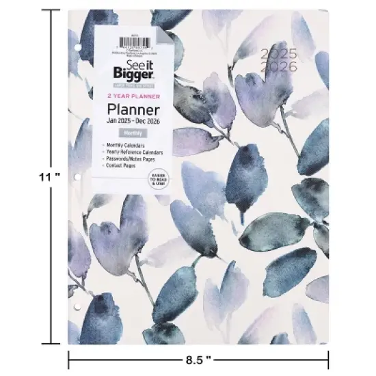 PlanAhead, See it Bigger, Jan 2025-Dec 2026 Monthly, Planner, 8.5"x11", Blue Leaf Floral&nbsp; image {4}