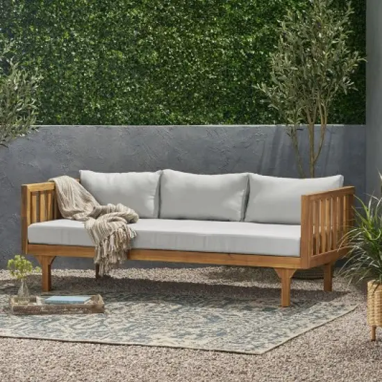 Outdoor Patio 3 Seater Daybed,Waterproof Fabric Upholstered Sofa Bed With Acacia Wood Frame,Indoor Wooden Armrests Sofa Bed-Coolbibila image {9}
