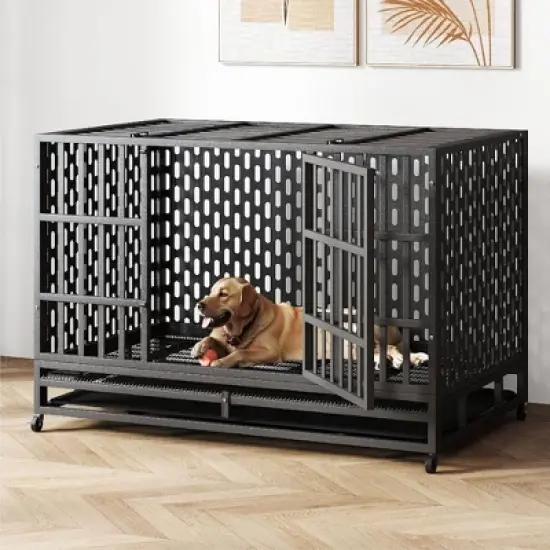 XBRIGH 48-Inch Heavy Duty Tin Dog Crate with Wheels, Sturdy Door Lock, Double Doors and Removable Tray Design image {9}