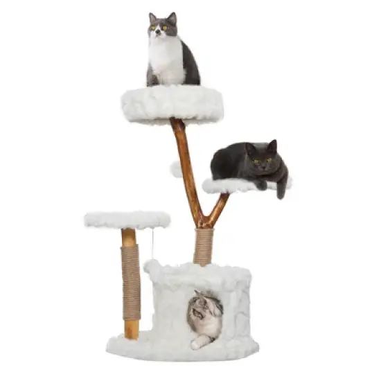 Sandinrayli Cloud Cat Tree Tower, Solid Natural Wood Branches, White image {4}