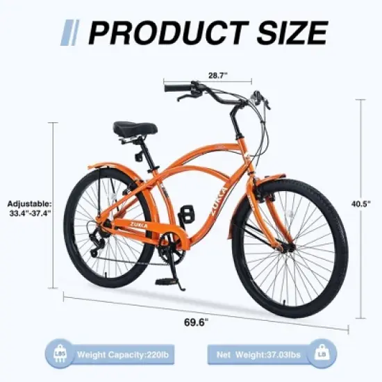 NAYSAYE Bicycle 26 Inch Beach Cruiser Bike 7 Speed Steel Frame for Relaxed Outdoor Riding, Orange, 69.96"*28.32"*43.2" image {4}