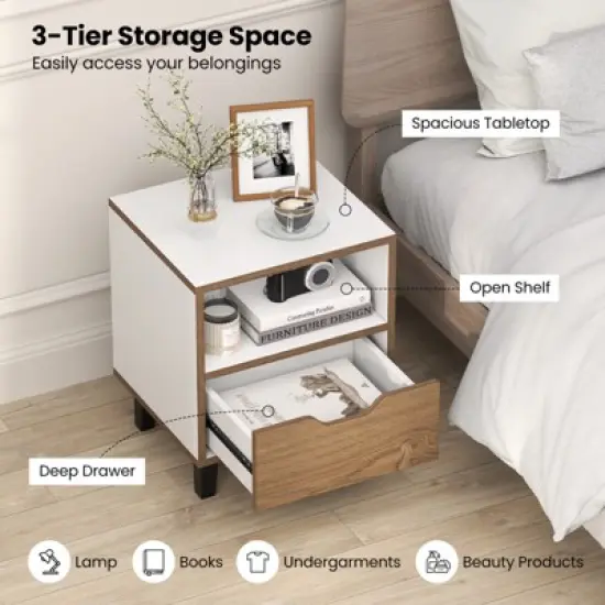 Tangkula Nightstand Mid Century Modern Bedside Table w/ Drawer Open storage Shelf image {2}