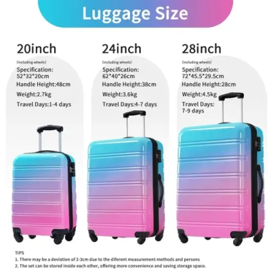 NAYSAYE Luggage 3 Piece Gradient Color Luggage Set with Spinner Wheels TSA Lock Expandable for Travel, Blue and Red, 30.45"*19.95"*12.05" image {4}