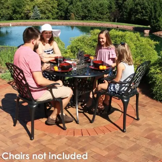 Sunnydaze Outdoor Crossweave Design Black Cast Aluminum Round Patio Dining Table with Umbrella Hole image {5}