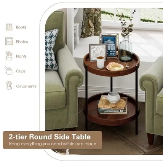 Costway 2-tier Round Side End Table Storage Shelf Rubber Wood Accent Nightstand image {7}