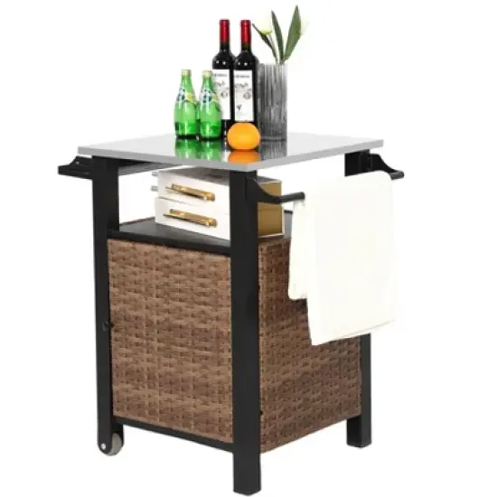 Outdoor Kitchen Wicker Island Rolling Cart & Storage Cabinet, Wheels and Stainless Steel Extended Table Top Brown image {5}