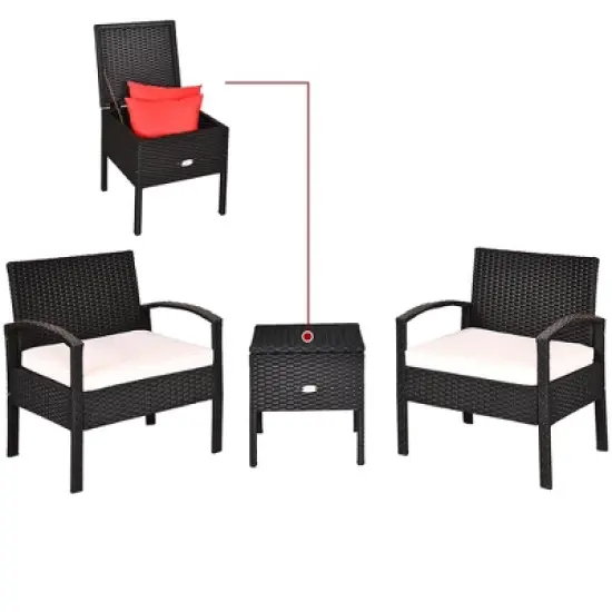 Costway 3PCS Patio Rattan Furniture Set Storage Table Cushioned Sofa Deck Red\Turquoise image {6}