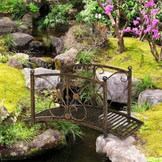 Outsunny 3.4FT Metal Arch Zen Garden Bridge with Safety Siderails, Decorative Footbridge, Delicate Floral Scrollwork for Stream, Fish Pond, Brown image {2}