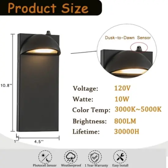 ALOADECOR H11 in. Modern Outdoor Integrated LED Wall Light with Dusk-to-Dawn Sensor Black Exterior Sconce with Frosted Glass for Entryway(&uml;2 Pack) image {3}