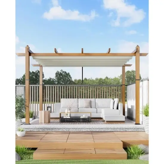 10x10ft Outdoor Aluminum Pergola Retractable UPF 50+ Waterproof Canopy, Wood Grain Frame, Tool-Free Assembly image {7}
