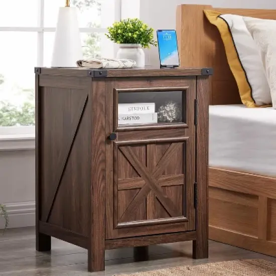 Nightstand with Charging Station, 18" Farmhouse Night Stand with Adjustable Shelf, Wooden Rustic End Table Side Table image {5}