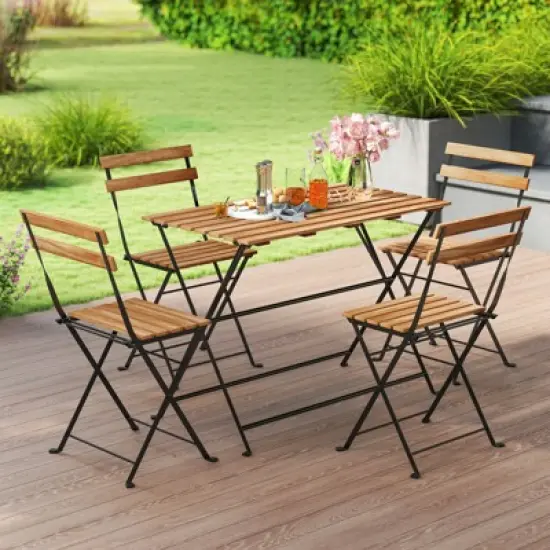 Tangkula 5 PCS Patio Acacia Wood Dining Set w/ 4 Folding Chairs Slatted Seat & Tabletop image {1}