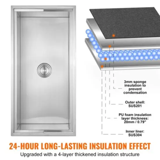 VEVOR Drop in Ice Chest, 36"L x 18"W x 14"H Stainless Steel Ice Cooler, Commercial Ice Bin with Sliding Cover, 40.9 qt Outdoor Kitchen Ice Bar image {3}