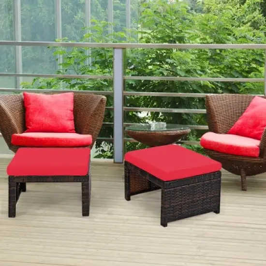 Costway 2PCS Patio Rattan Ottoman Cushioned Seat Foot Rest Furniture Turquoise\Red\White image {4}
