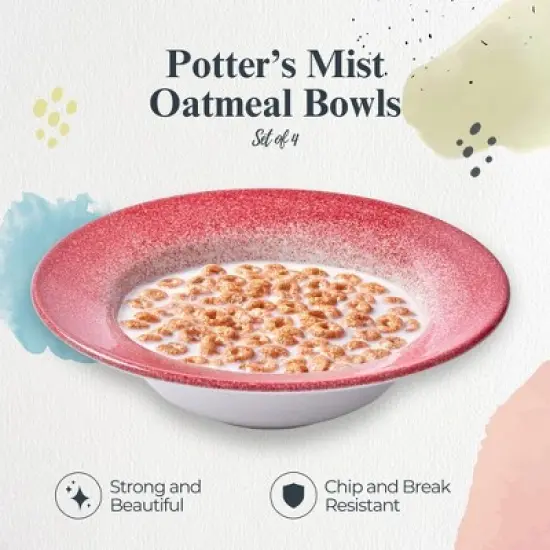 Portmeirion Potter's Mist Oatmeal Bowls (Set of 4) - Elegant Earthenware - Microwave & Dishwasher Safe Bowls, Handcrafted Stackable Bowl (Red Mist) image {1}