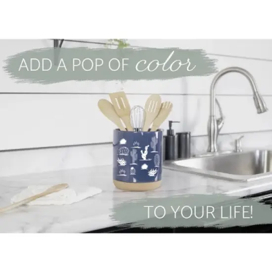 Elanze Designs 8 inch Cactus Desert Plant Pattern Large Ceramic Kitchen Utensil Holder Navy Blue and White Crock with Cork Base image {4}