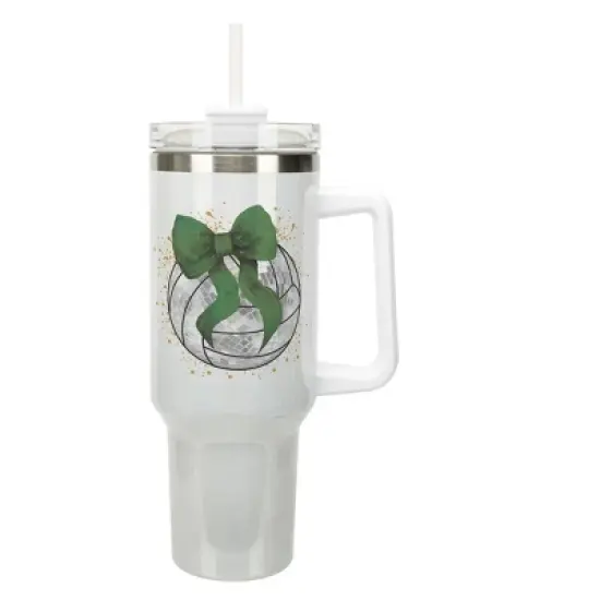 Elanze Designs 40 Ounce Stainless Steel Double Wall Insulated Glitter Travel Tumbler With Handle, Straw, and Lid, Volleyball With Green Bow White image {1}