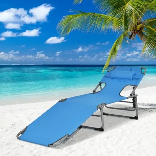 Costway Outdoor Beach Lounge Chair Folding Chaise Lounge with Pillow Blue\Blue&Green\Black\Grey\Turquoise\Pink\Beige\Light Pink image {12}