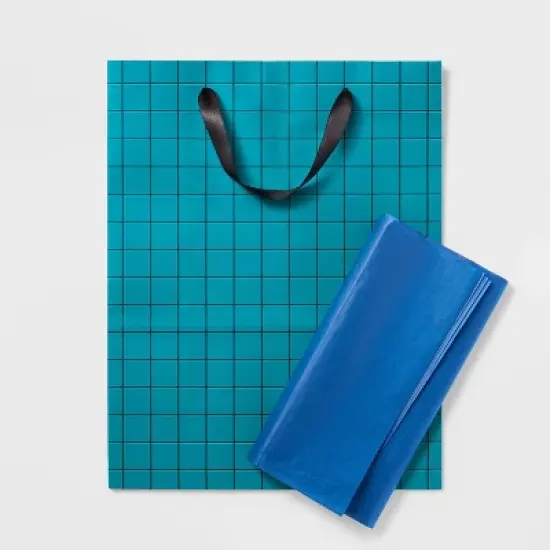 Large Birthday Gift Bag with Tissue Grid - Spritz&trade;: Stripe Pattern, Black & Teal Blue, 12.75" x 10" x 5" image {2}