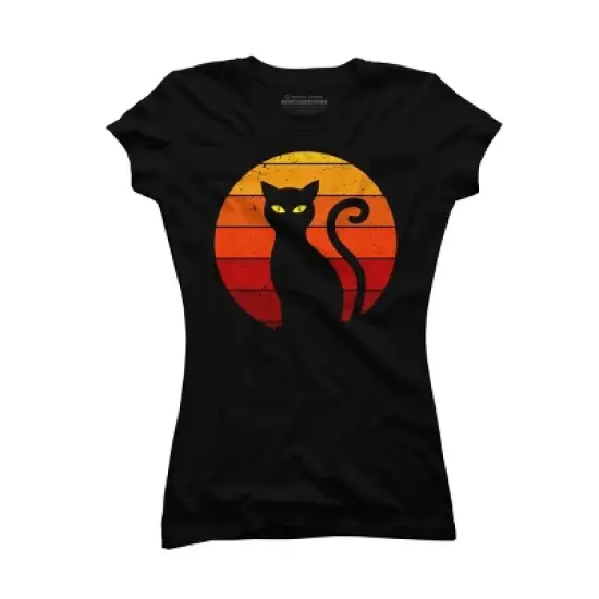 Junior's Design By Humans Vintage Retro Sunset Halloween Black Cat I By lemonpepper T-Shirt image {3}