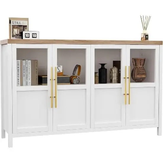 55'' Large Sideboard Buffet Cabinet, Glass Door Kitchen Storage Cabinet, Wooden Farmhouse Coffee Bar Cabinet, Buffet Table with Storage image {9}
