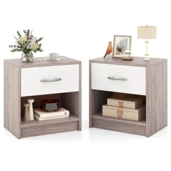 Tangkula 2 PCS Nightstand w/ Drawer Side Table w/ Slide-out Drawer Open Storage Shelf image {11}