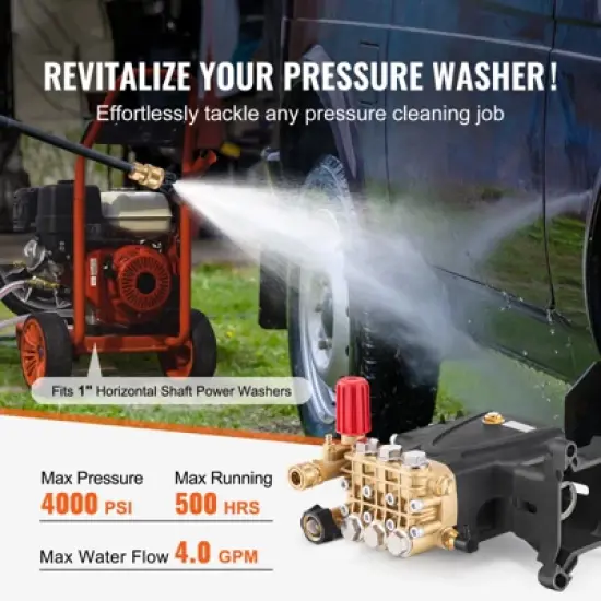 VEVOR Pressure Washer Pump, 1" Shaft Horizontal Triplex Plunger, 4000 PSI, 4.0GPM, Replacement Power Washer Pumps Kit with Hardware, Black image {2}
