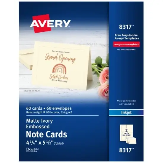 Avery Printable Note Cards with Envelopes, 4.25" x 5.5", Ivory with Embossed Border, 60 Blank Note Cards for Inkjet Printers (8317) image {7}