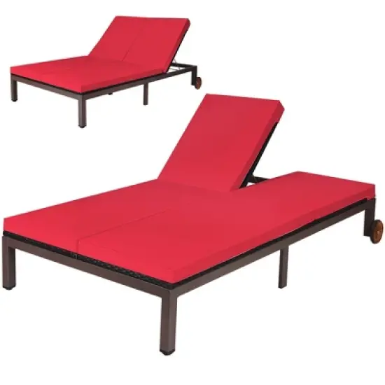 Costway 2-Person Patio Rattan Lounge chair Chaise Recliner Adjustable Cushioned Red image {1}