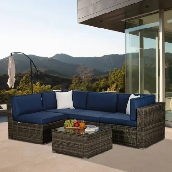 5pc Outdoor Rattan Wicker Sectional Conversation Set with Cushions - Brown/Blue - GODEER image {1}