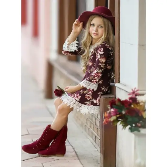 Girls Cranberry Dreams Floral Crochet Dress - Mia Belle Girls image {5}