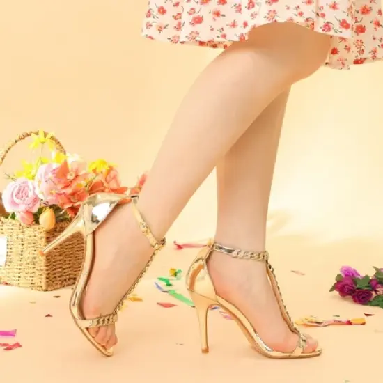 Perphy T Strap Rhinestone Ankle Strap Stiletto Heels Sandals for Women image {5}