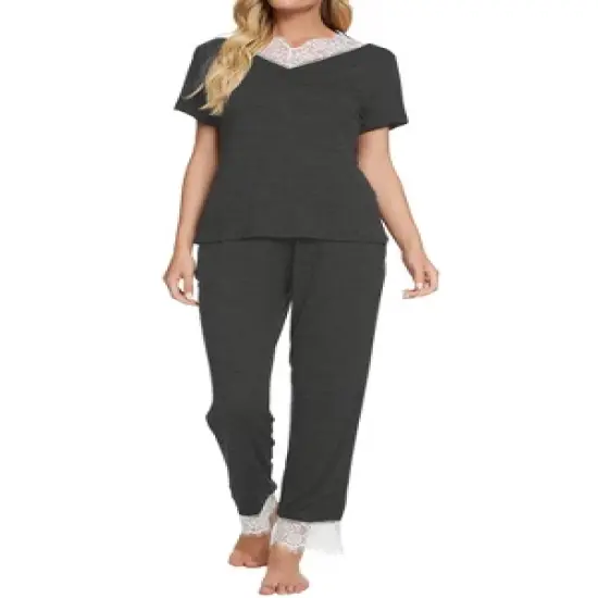 cheibear Womens Sleepwear V-Neck with Lace Nightwear with Pants Loungewear Pajama Set image {5}