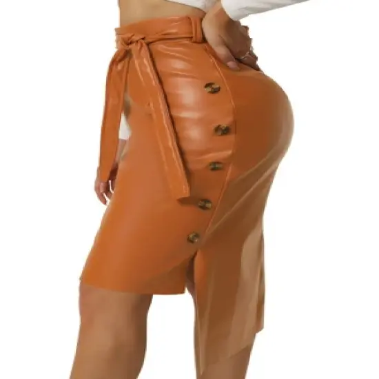 Seta T Womens' High Low Hem Belted High Waist Side Button Decor Leather Skirt image {5}