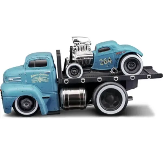 1950 Ford COE Flatbed Truck & 1933 Ford 3W Coupe Matt Light Blue w/Graphics (Weathered) 1/64 Diecast Model Cars Muscle Machines image {1}