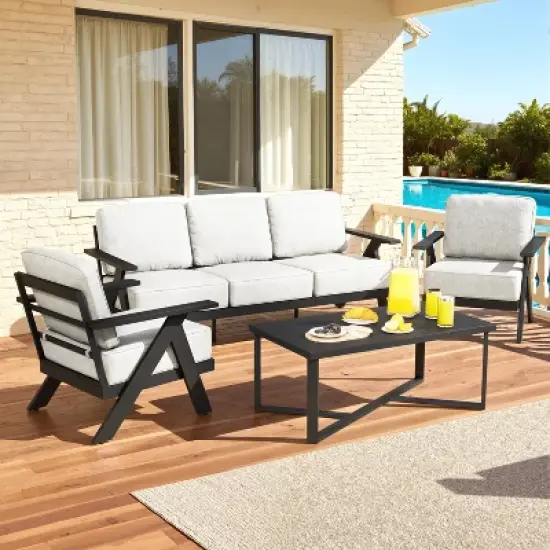 YARDSIGHT 4-Piece Aluminum Outdoor Patio Furniture Set with 3-Seat Couch, 2 Armchairs, and Coffee Table for Backyard, Deck, Poolside image {1}