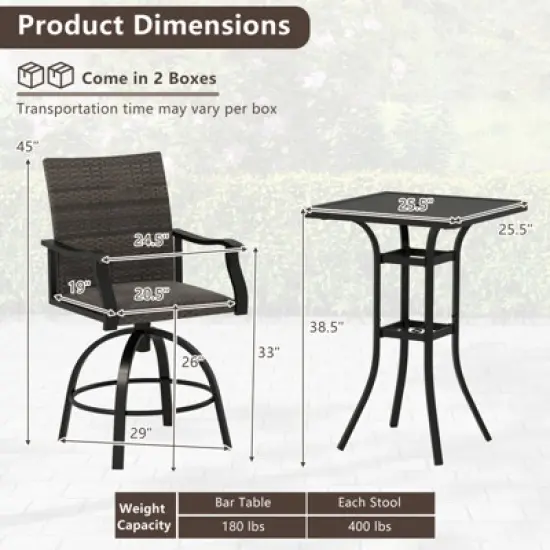 Tangkula 3 PCS PE Wicker Patio Swivel Bar Set Table & Chairs w/ Quick-Drying Foam image {8}