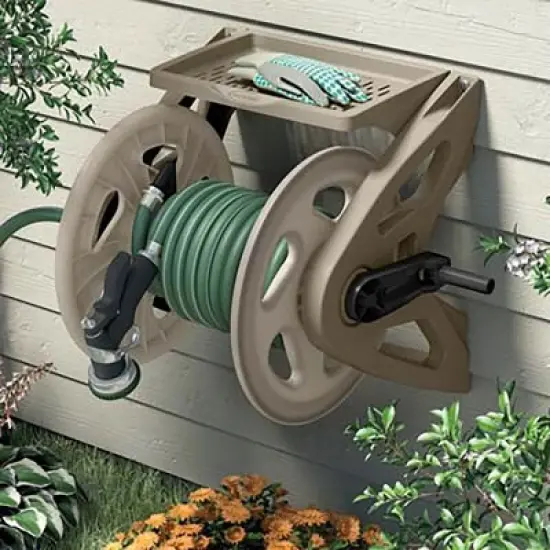Suncast Handler 200 Foot Resin Wall Mounted Outdoor Garden Hose Reel, Taupe image {5}