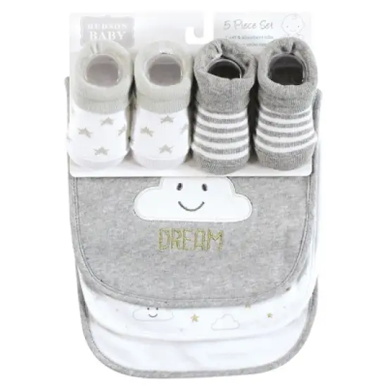 Hudson Baby Unisex Baby Cotton Bib and Sock Set, Gray Cloud, One Size image {1}