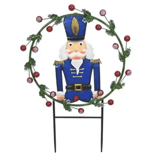 Direct International Christmas Soldier In Wreath  -  One Stake 29.0 Inches -  Berries Yard Decor  -  31824033  -  Metal  -  Blue image {1}