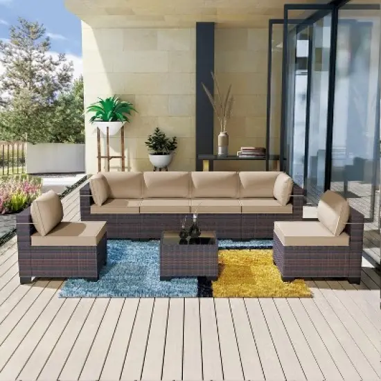 ALAULM Patio Furniture 7 Pieces Outdoor Sectional PE Rattan Sofa Set Brown Manual Wicker Patio Conversation Set image {13}