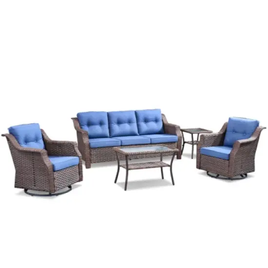 Buenhomino 5-Piece Patio Furniture Set, Outdoor Wicker Sofa with Swivel Chairs and Coffee Table, Rattan Outdoor Conversation Set for Poolside Backyard image {1}