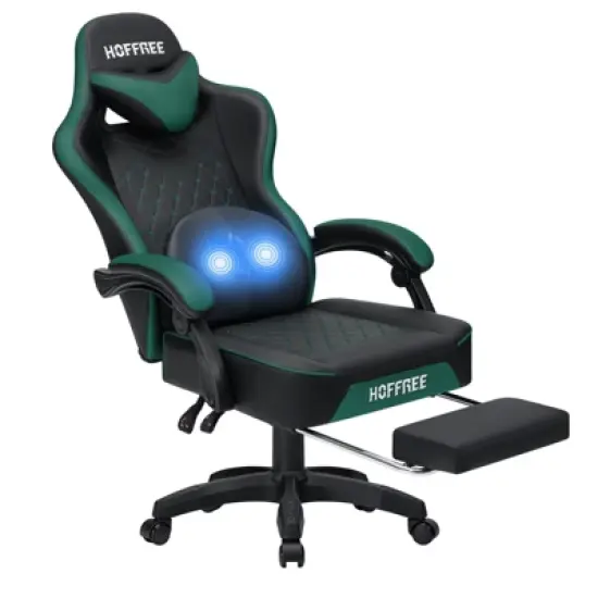 Hoffree Leather Massage Gaming Chair Ergonomic Office PC Chair with Footrest & Adjustable image {14}