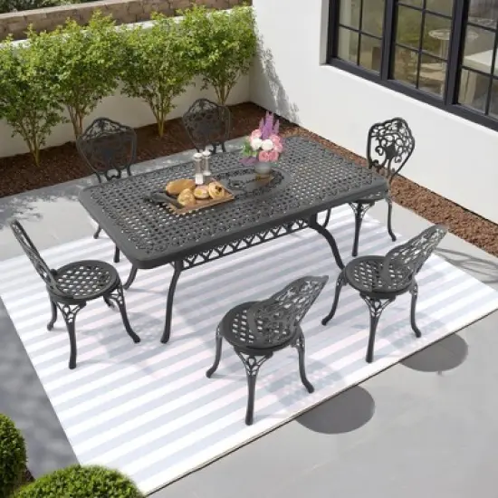 7-Piece Patio Set: Rectangle Table & 6 Chairs - Cast Aluminum, All-Weather w/  Umbrella Hole & Adjustable Legs for Balcony/Backyard image {8}