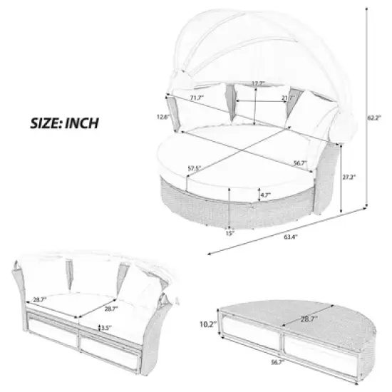 57" Outdoor Patio PE Rattan Round Daybed Sunbed with Retractable Canopy and 4 Pillows image {1}