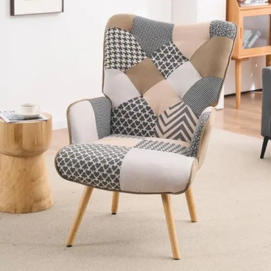 FERPIT Patchwork Upholstered Wingback Accent Chair with Rubberwood Legs image {7}