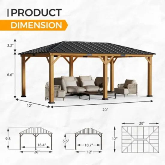 EROMMY 20 Ft. W x 12 Ft. D Solid Wood Patio Gazebo image {2}