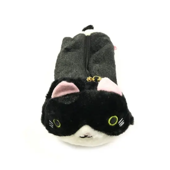 Wrapables Cute Cat Pouch Plush Pencil Case, Black and White image {2}