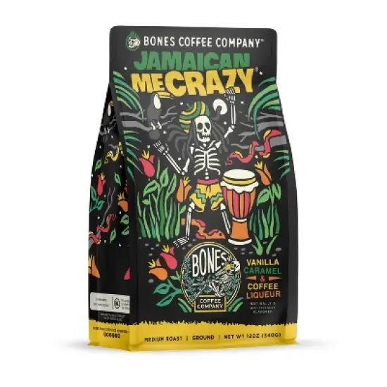 Bones Coffee Company Jamaican Me Crazy Ground Coffee Beans Vanilla Caramel and Coffee Liqueur Flavor 12 oz Medium Roast (Ground) image {3}